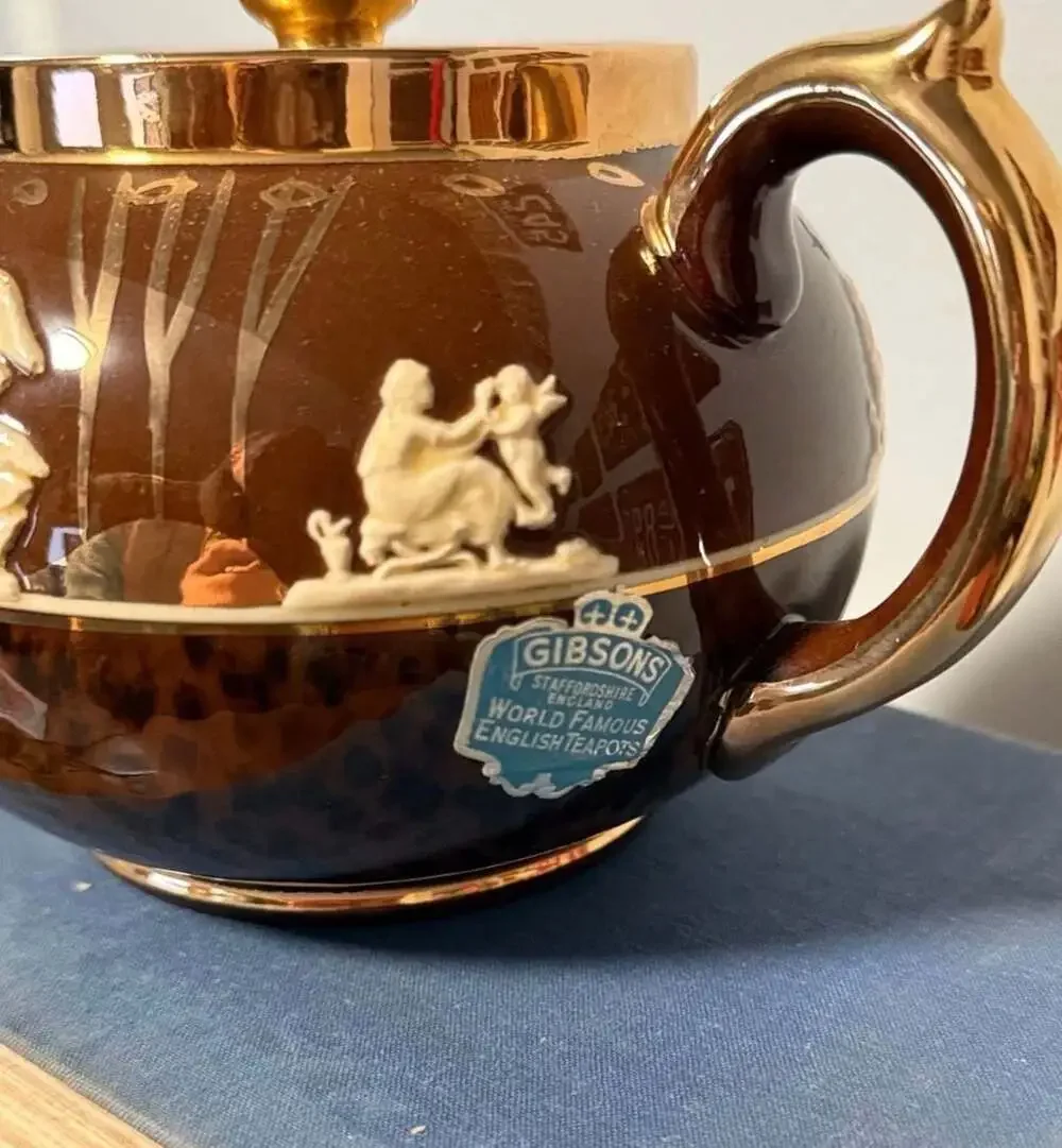 Gibsons Staffordshire England Vintage Ceramic Teapot Brown Gold Relief